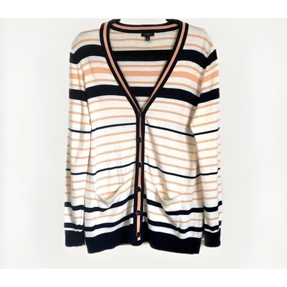 Talbots Women’s Medium Petite Ivory Striped Cardigan Pockets Long Sleeves Office